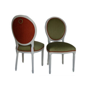 WS-2100-874-Louis XVI Marlene Dining Chairs Upholstered  on  the  Outside  Back with welt-with Round Pull  on the  Back-20W 24D 18.5D 41H COM 1.5 yds